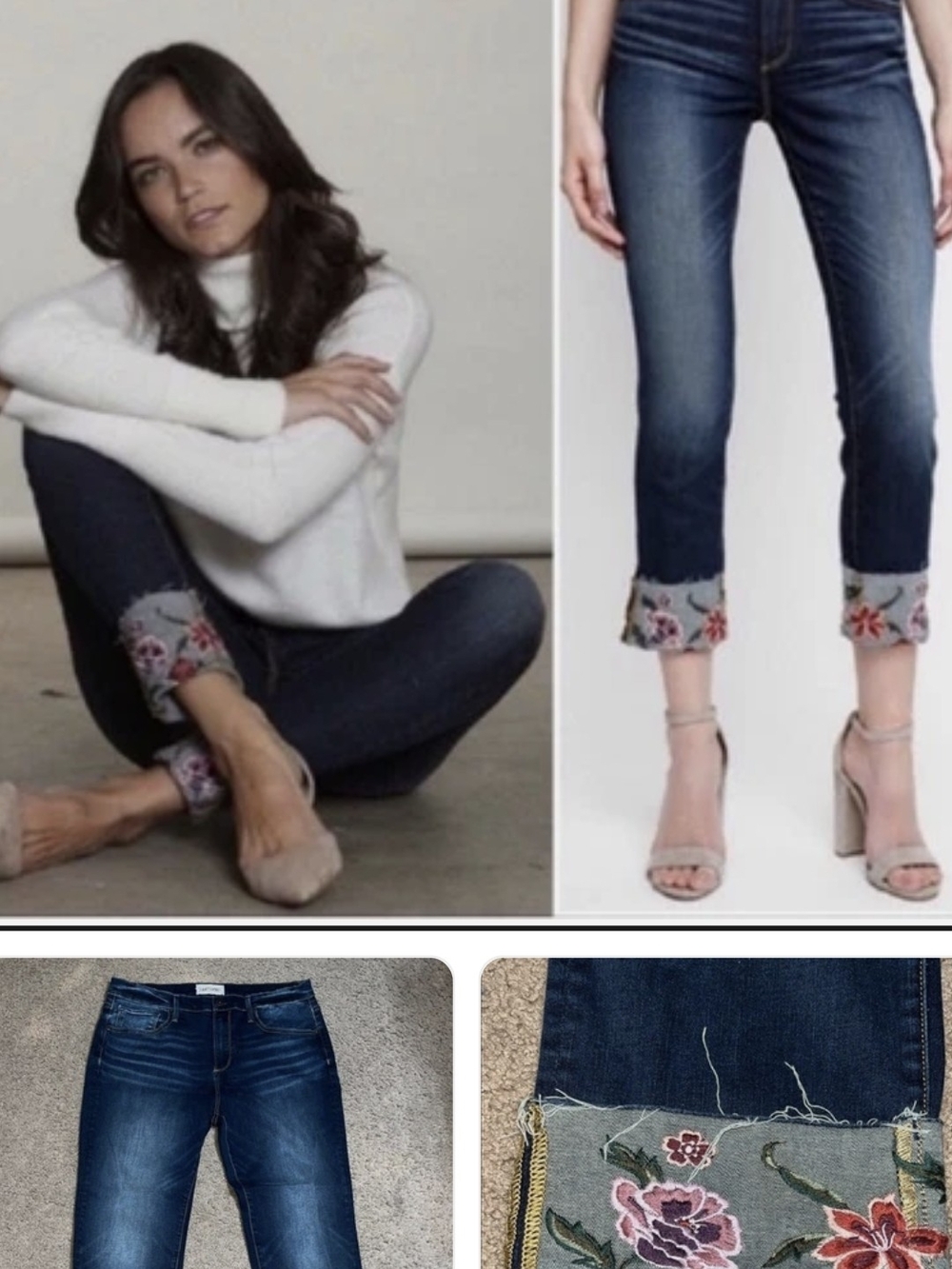DRIFTWOOD Navy Cropped Jeans with Embroidered Floral Cuffs